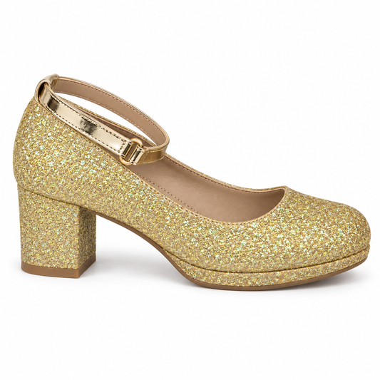 Doremi 139-168L girls glitter block heel ankle strap shoes - Gold
