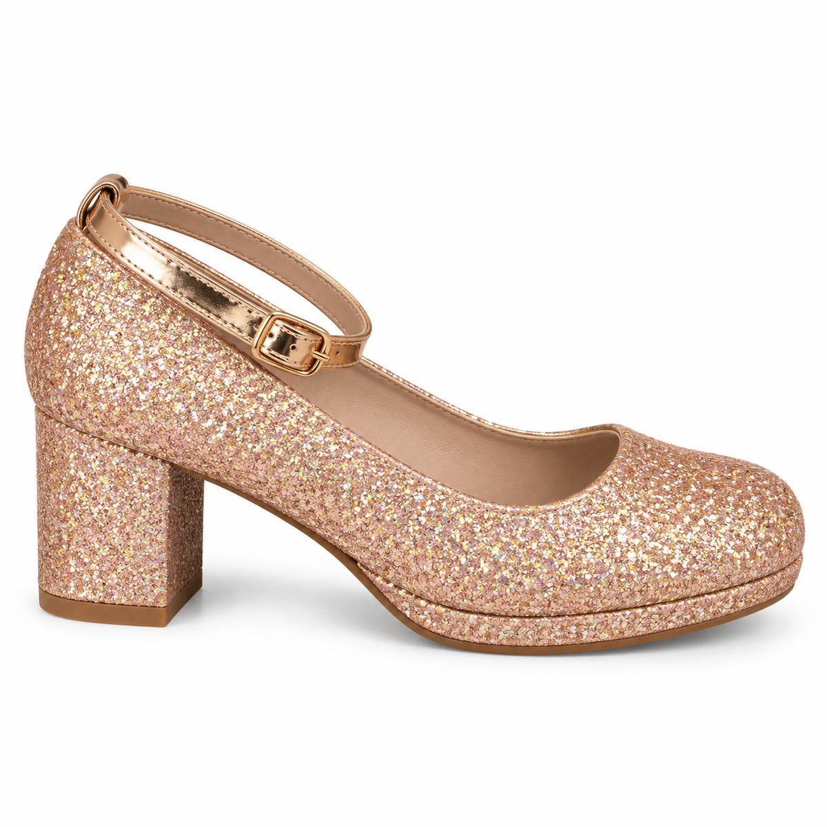 Doremi 139-168L girls glitter block heel ankle strap shoes - Pink
