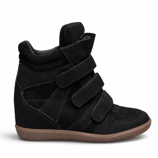 665-8 black wedge sneaker boot facing right, uniform product photo