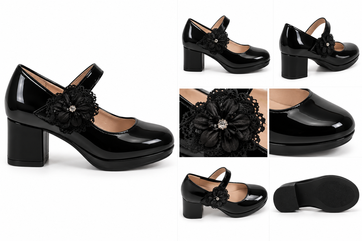 Doremi E4803-L black patent-look girls Mary Jane block heel shoes